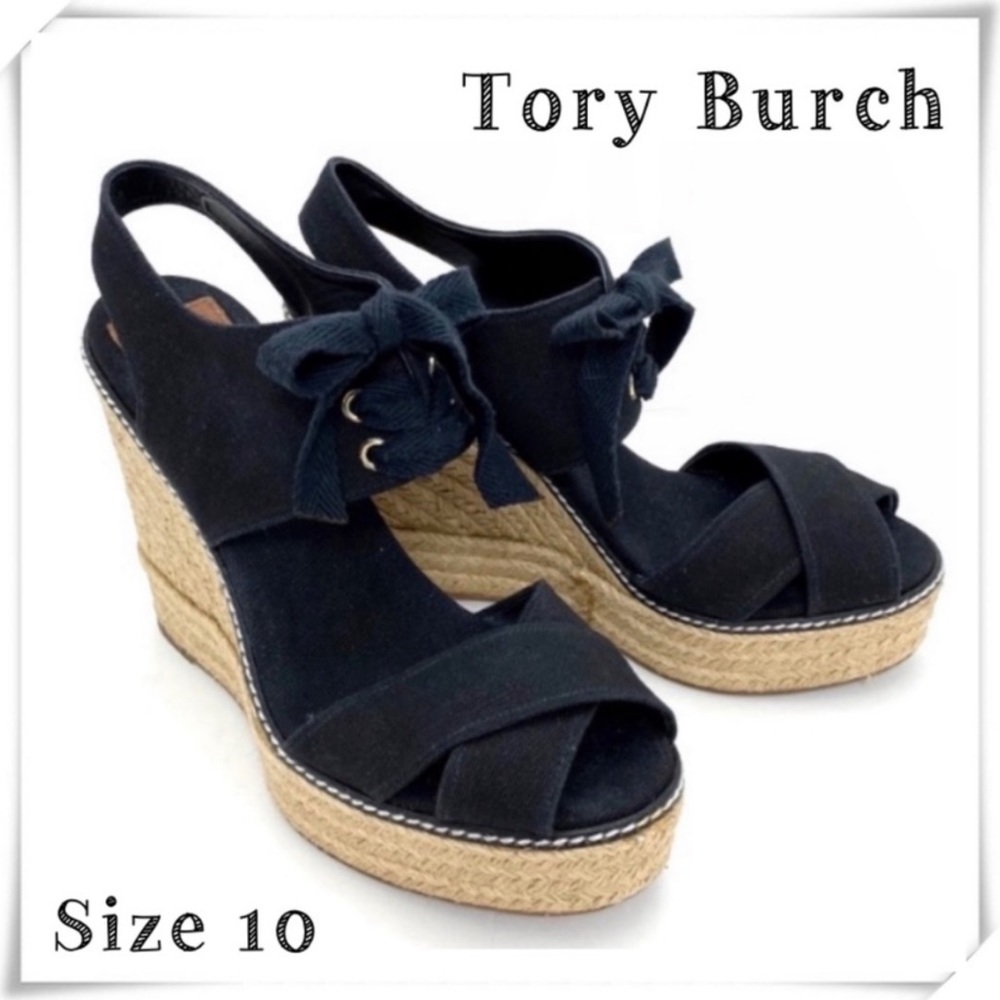 TORY Burch Cross Strap Canvas Ankle Lace up Espadrilles Wedge Sandal Black Sz 10